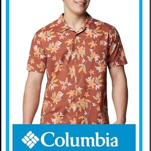Columbia Men Regular fit Short Sleeve Button-Up Shirt XXL Orange Floral